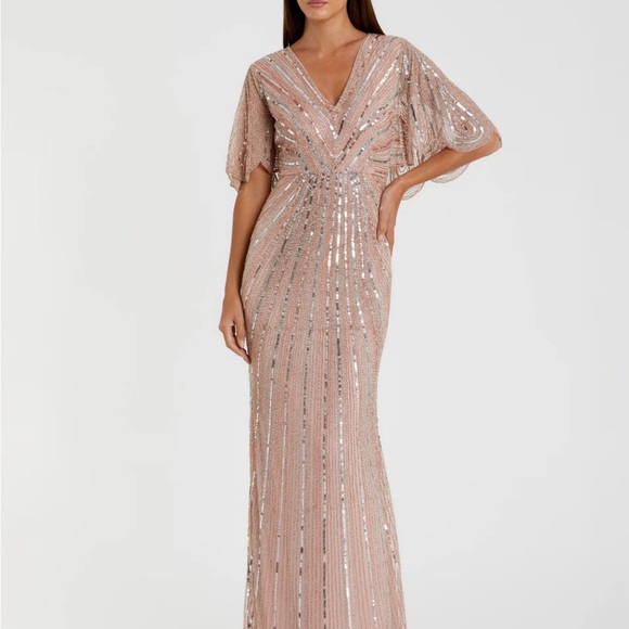 NWT MAC DUGGAL Pink Sequined V Neck Cape Sleeve Column Gown 4  $598 Style#93583 - Picture 1 of 4